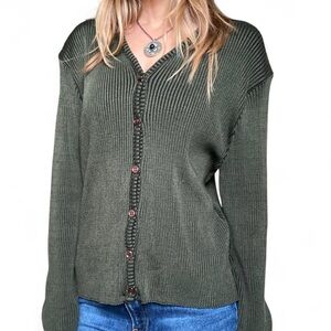 Vintage dark green ribbed classic cardigan earthy goblincore Made in USA